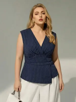 Women's Navy Blue Striped Wrap V-Neck Blouse