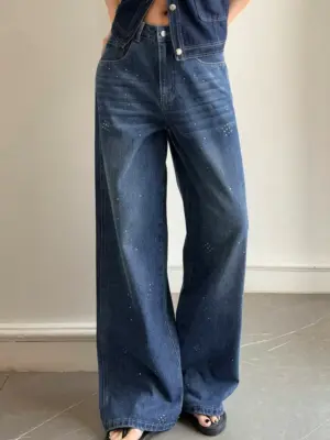 Women's Rhinestone Straight Leg Loose Fit Denim Jeans