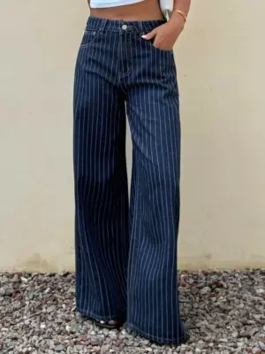 Women's Striped Straight Leg Loose Fit Denim Jeans